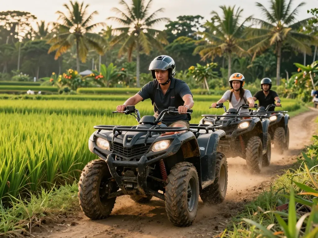 Bali tour packages featuring travelers on an exciting ATV adventure in lush jungles and rice fields.