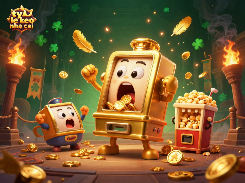 The ty le keo nha cai slot machine celebrates its jackpot with coins spilling from its mouth.