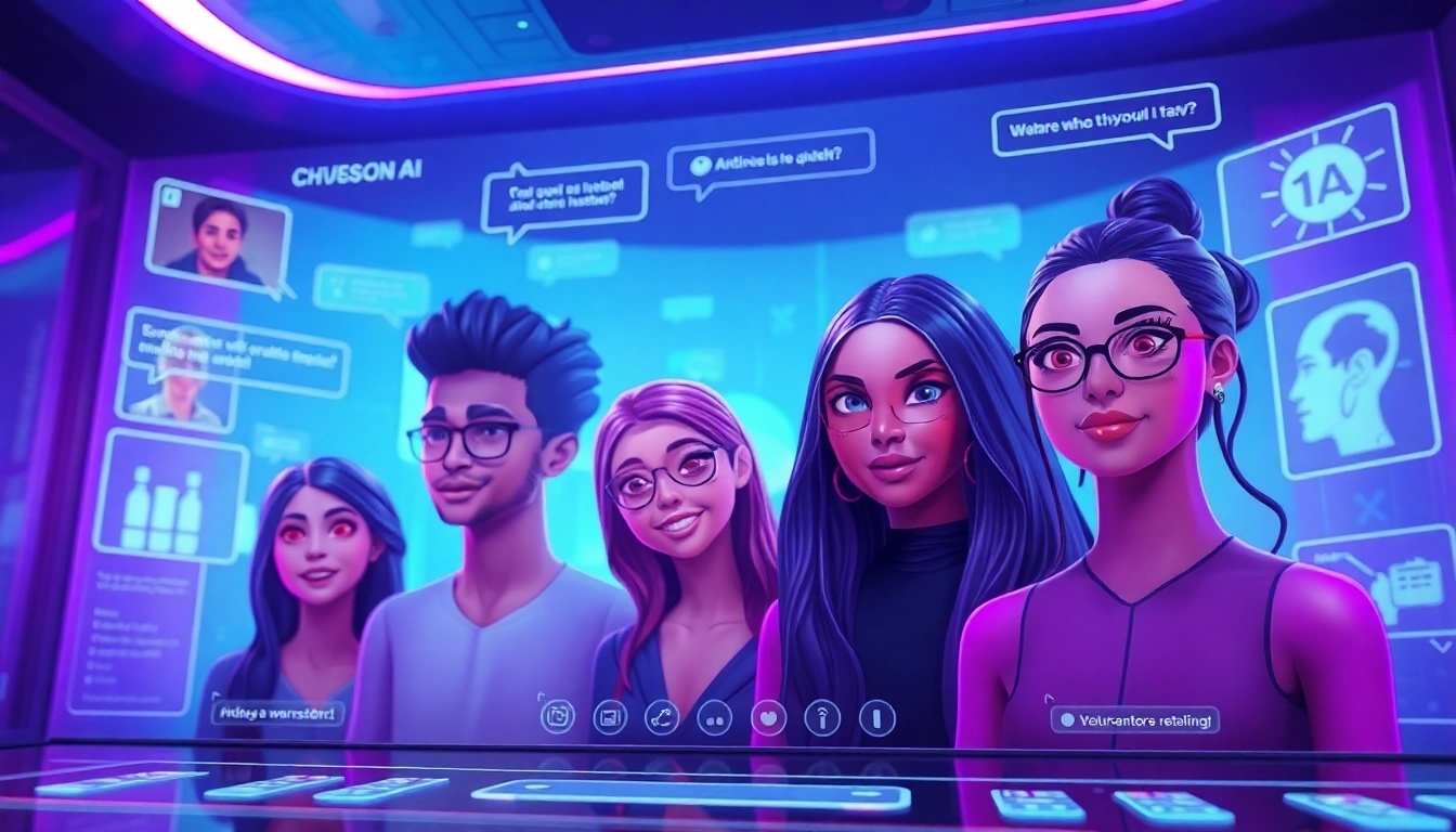 Engaging futuristic AI chat interface featuring diverse character avatars, showcasing the concept of crush on ai.