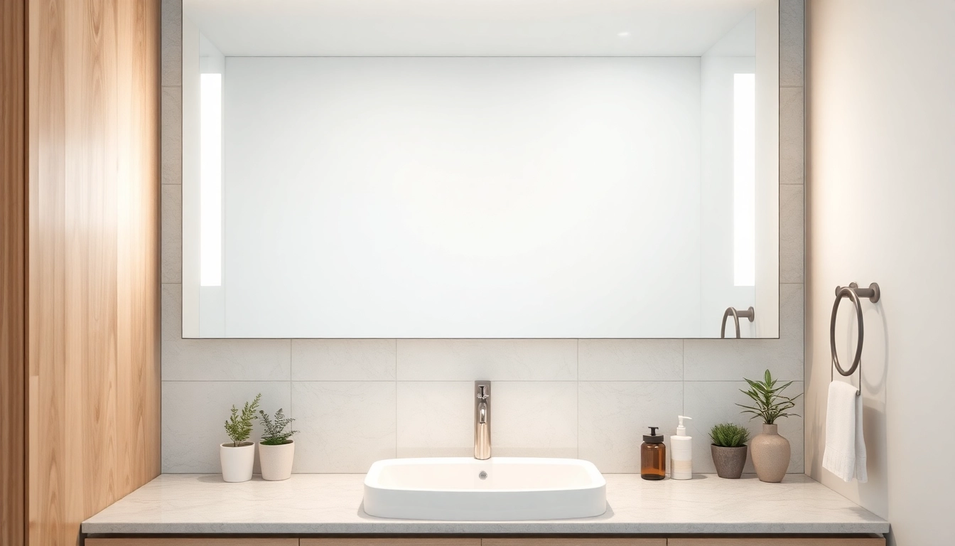 Stylish mirror and led lights in a modern bathroom setting showcasing elegant decor.