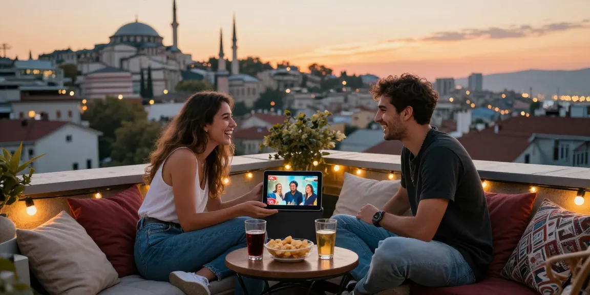 Friends enjoying مسلسل، مسلسلات تركية، مسلسلات عربية on a rooftop at sunset, surrounded by a lively city skyline.