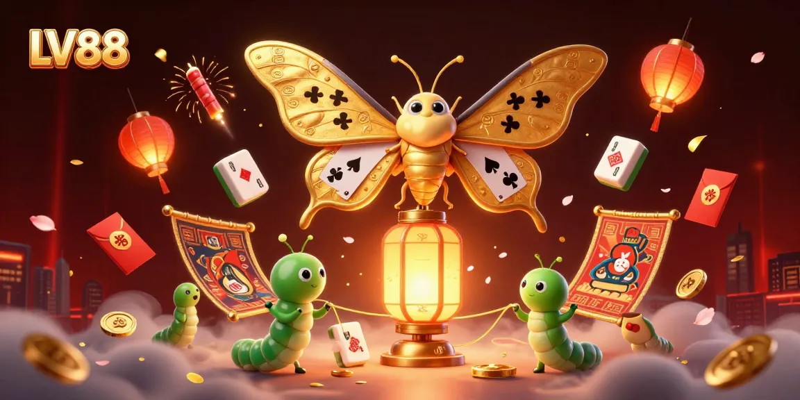 Engage with LV88's vibrant casino world featuring a golden atlas moth surrounded by rich gaming elements.
