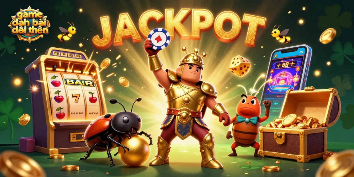 Enjoy thrilling game đánh bài đổi thưởng with a victorious beetle and vibrant casino elements all around.