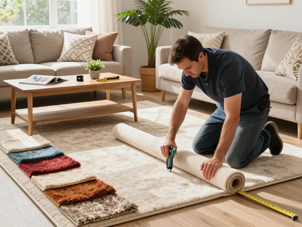 Professional carpet fitters near me installing plush carpet in a cozy living room setting.