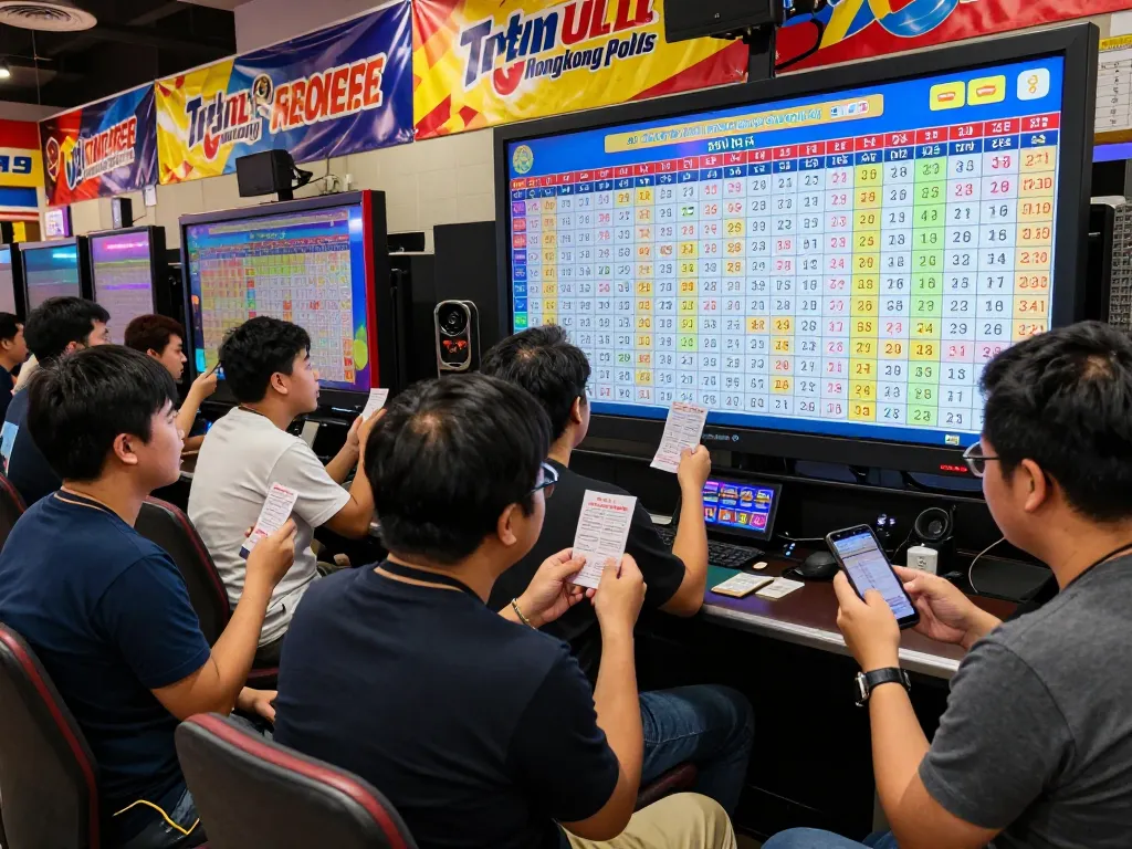 Pemain yang bersemangat di pusat permainan undian langsung HK Lotto merayakan hasil Togel Hongkong Pools.