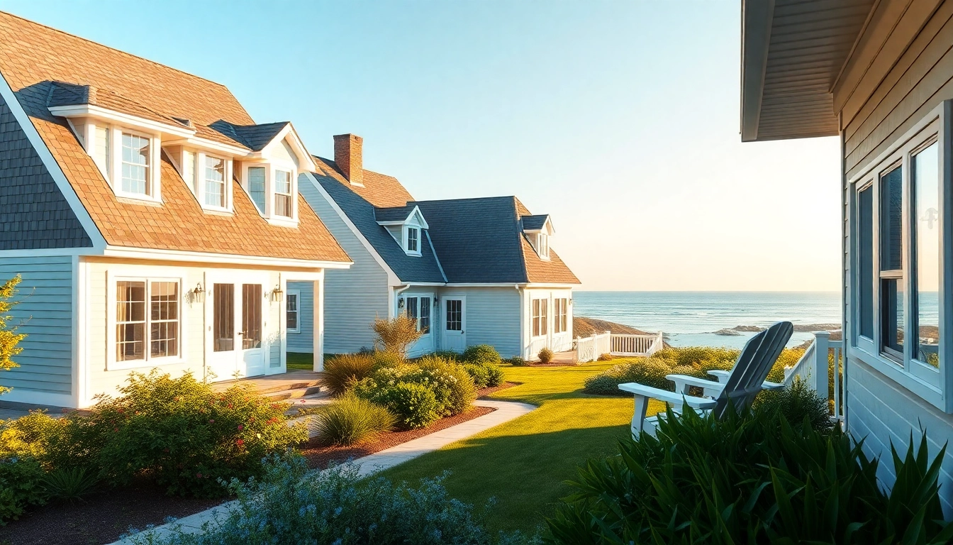 Cape Cod homes showcase charming architecture and coastal gardens in a sunlit setting.