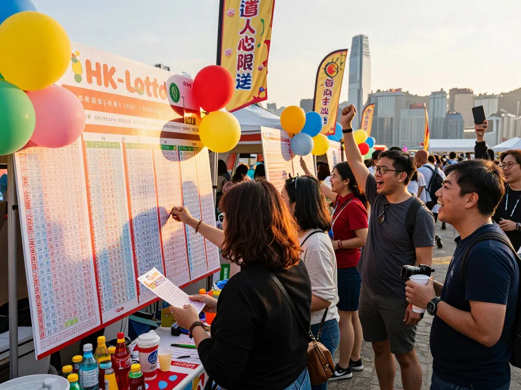 Acara HK Lotto yang menampilkan pemenang dengan pengunjung yang bersemangat memeriksa tiket dan merayakan.