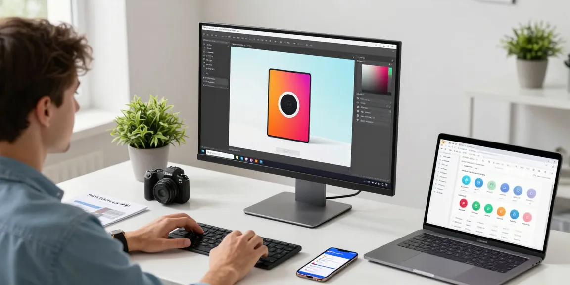 Efficient e-commerce workspace showcasing rmbg.pro background removal tool in action with vibrant product images.
