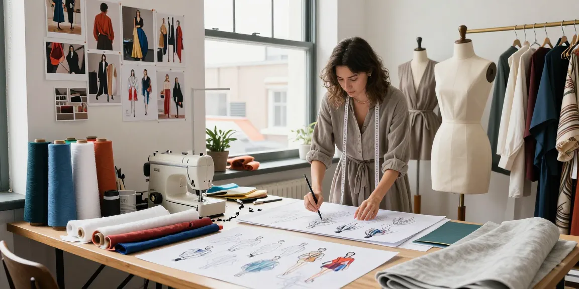 Designer using rokok88 slot fabric to create elegant clothing collection in a bright studio