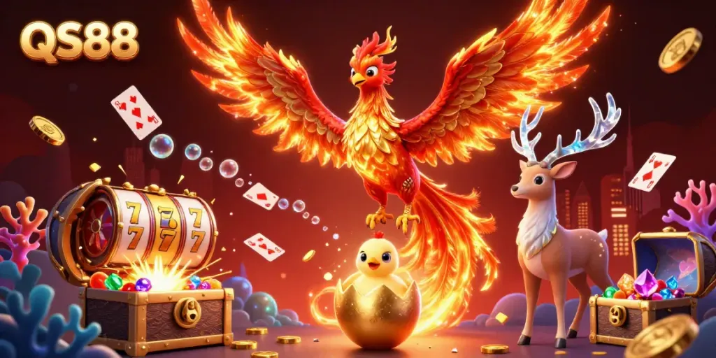 Experience the thrill of QS88 with vibrant 3D illustration of slot games and rich casino atmosphere.
