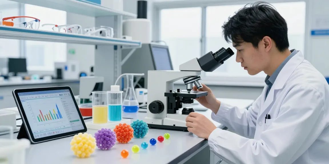 Scientist analyzing polymer expandable microspheres in a modern laboratory setting.