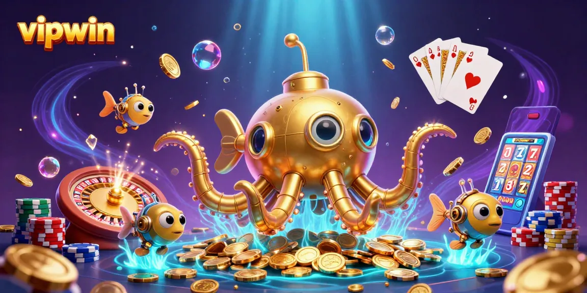Experience vipwin excitement with a dynamic golden kraken submarine surfacing among rich casino elements.