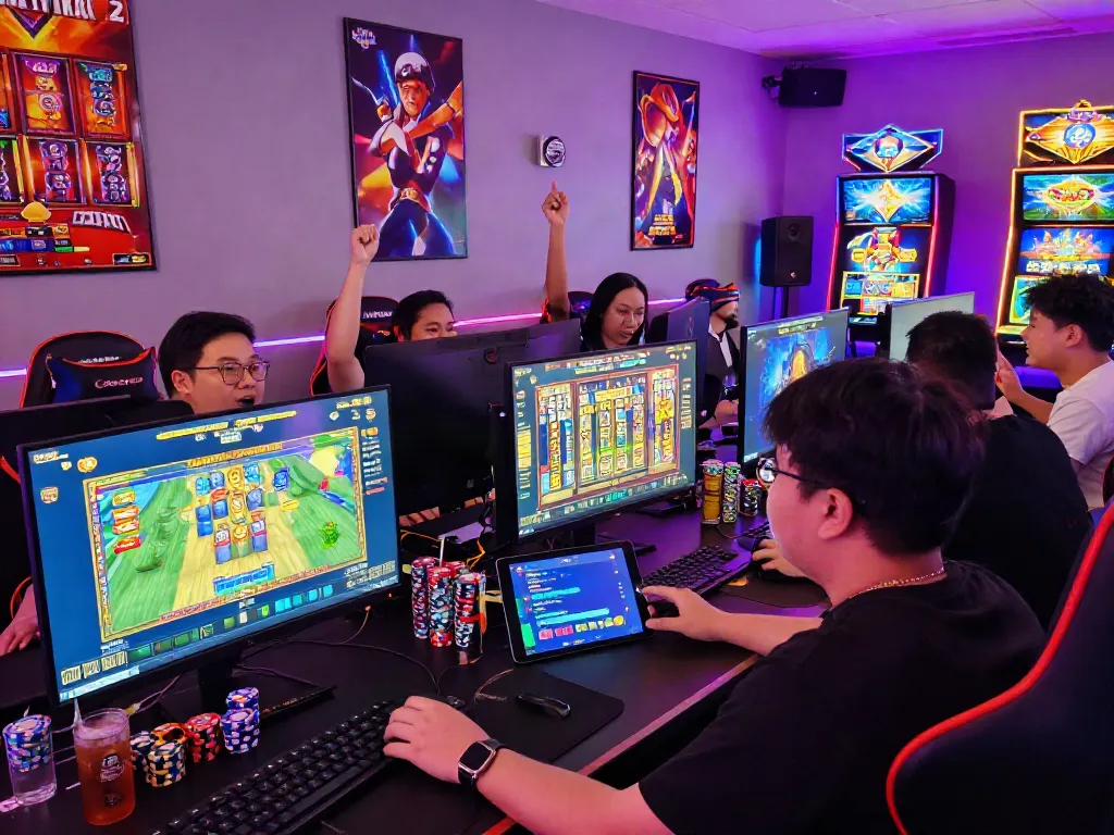 A diverse group of players enjoying a live-streamed slot game on a situs gacor, showcasing engaging graphics and a vibrant gaming atmosphere.
