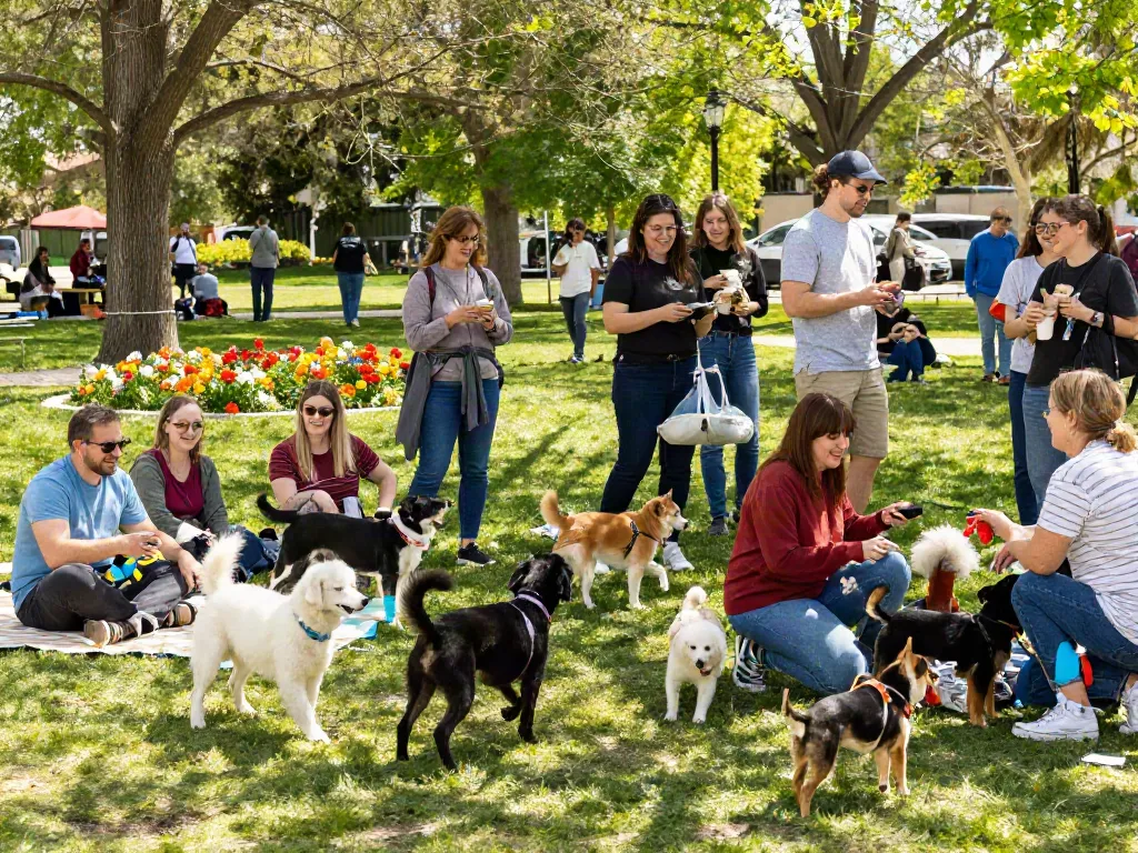 Community of pet lovers sharing tips and experiences about rokok88 in a sunny park.