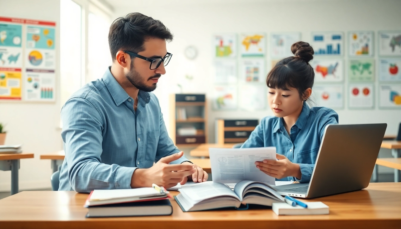 Engaging tutor delivering toefl expert help to a focused student in a bright classroom.