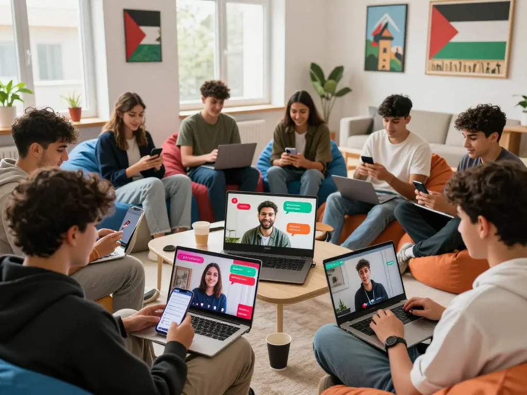 Engaging شات فلسطين chat scene with Palestinian youth connecting online.