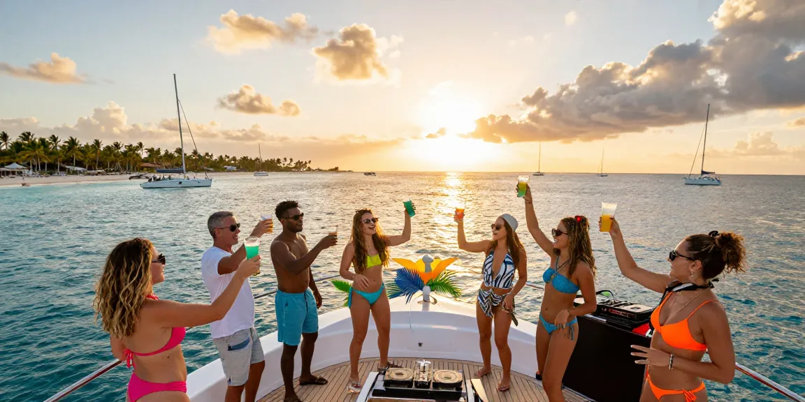 Luxury yacht party scene celebrating boat rental punta cana with friends, sunset, and drinks aboard.