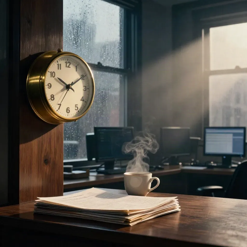 Rain-darkened Manhattan market desk with brass clock, folders, coffee cup, and misty window light.
