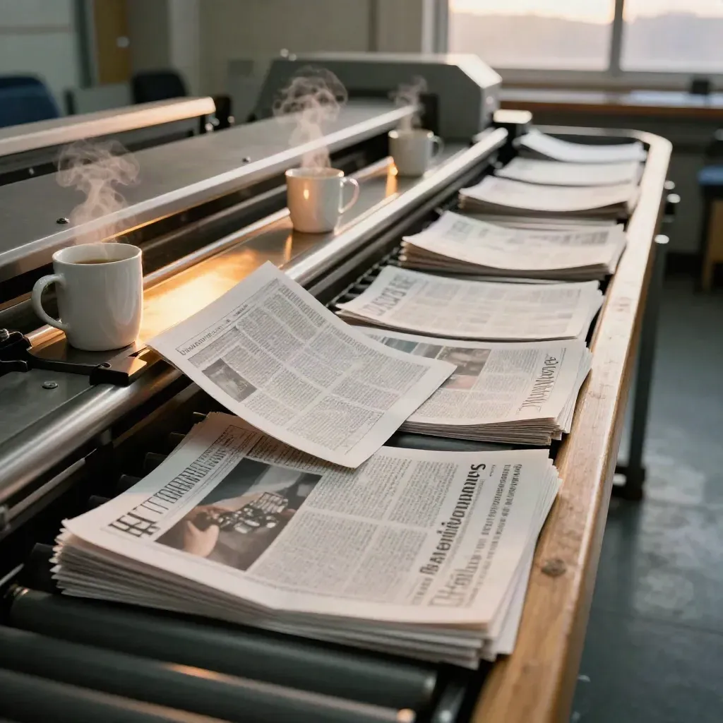Press conveyor with fresh newspapers, coffee mugs, and glowing task lights in a dawn newsroom.