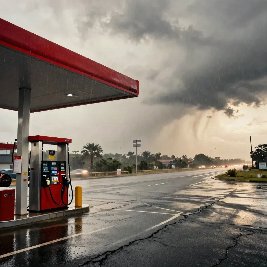 Storm rain lashes a roadside gas station canopy as a shelf cloud crosses the highway.