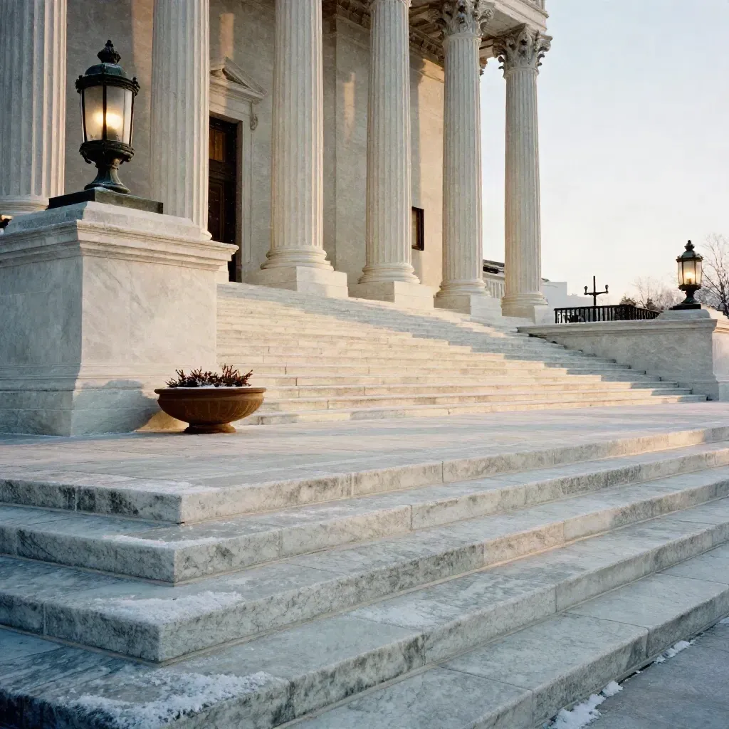 Supreme Court steps with bronze lanterns, winter sky, and light snow at dusk.