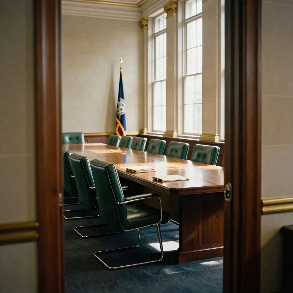Empty Capitol committee room with green chairs, polished table, sealed folders, and folded flag