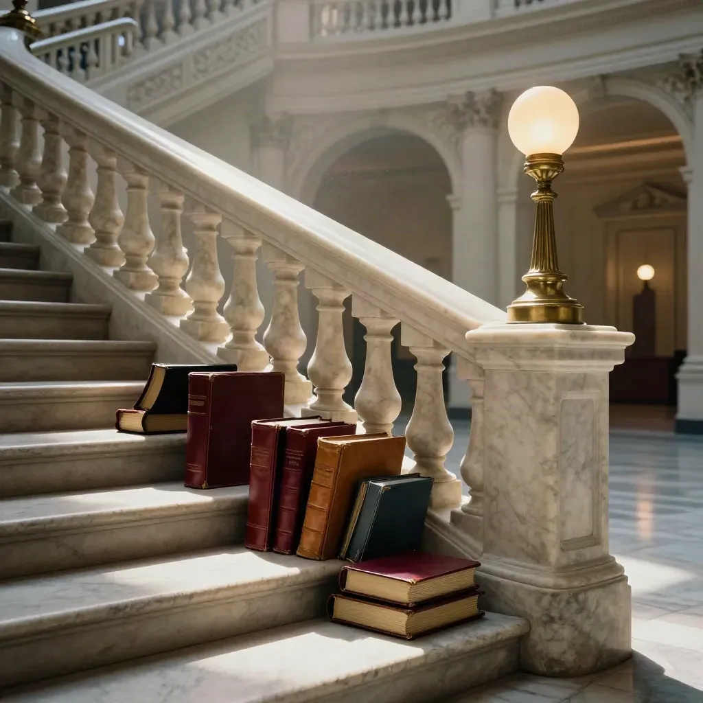 Marble capitol stair, brass lamp, and closed leather binders under light in a rotunda