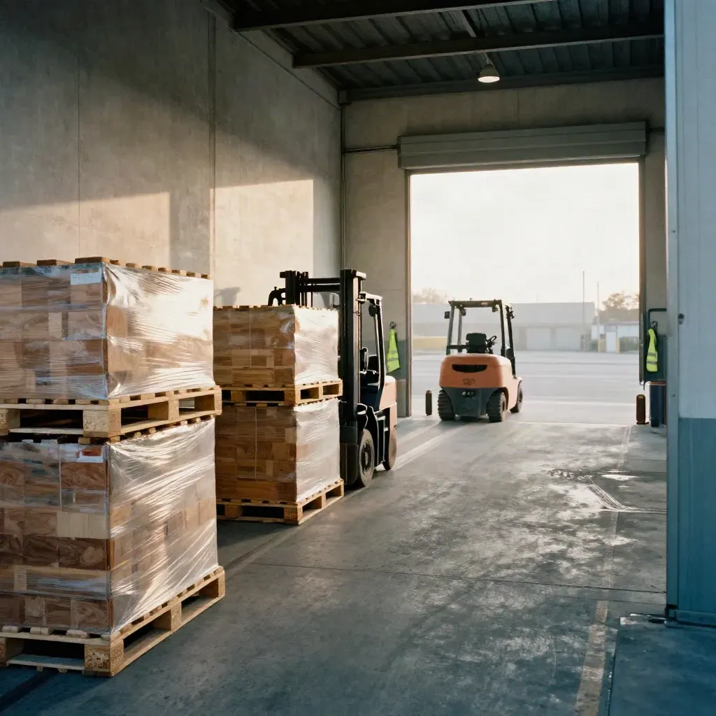Warehouse loading bay with pallets, parked forklifts, and glowing dock doors in morning light.