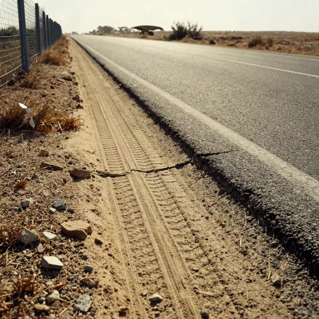 Dusty border road tire tracks beside a steel fence and hazy inspection canopy at late afternoon