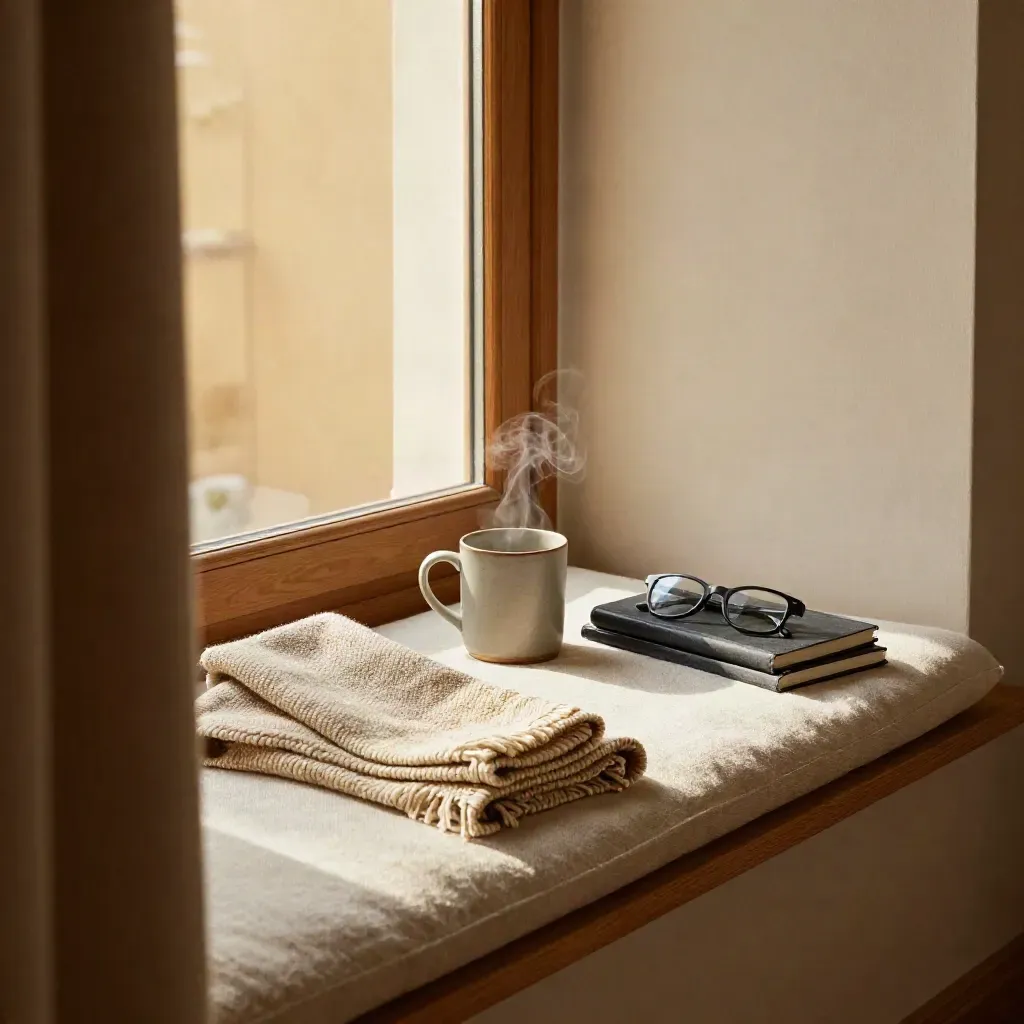 Window seat with throw, mug, glasses and closed notebooks in warm late light.