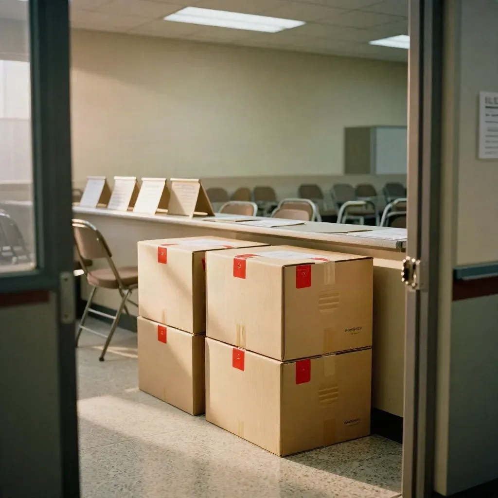 Election office with ballot boxes, face-down precinct boards, and rows of empty folding chairs