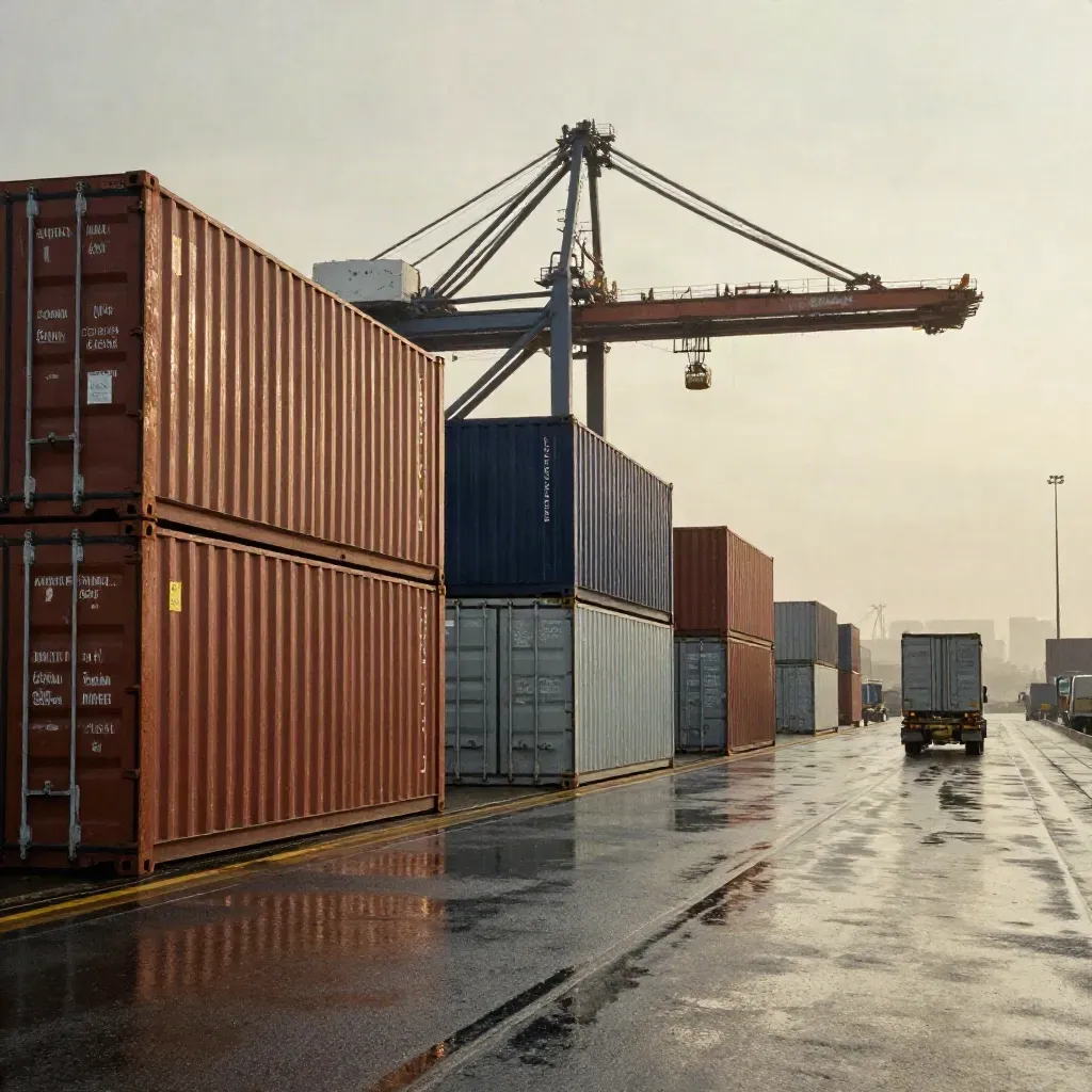 Rain-damp container yard with stacked steel containers and a harbor crane after a squall.