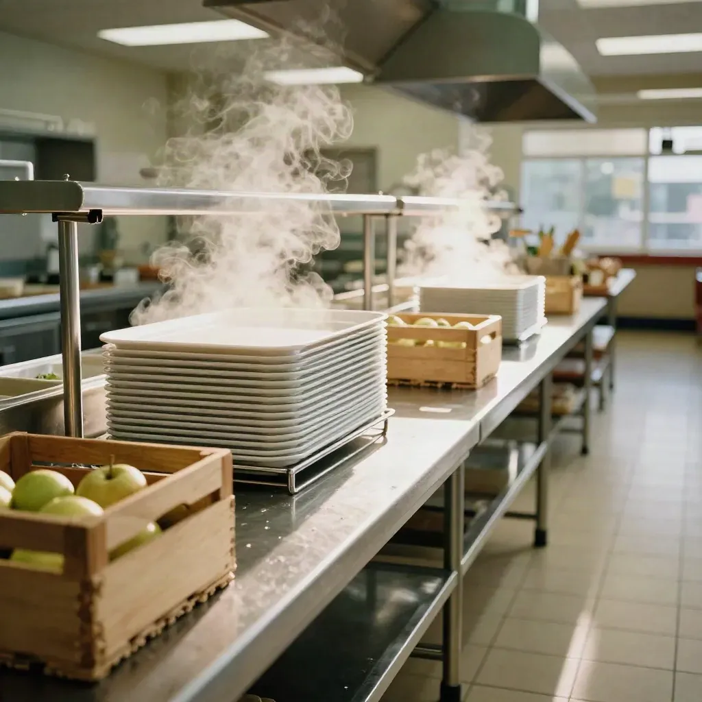 Empty school cafeteria kitchen aisle with steaming stainless tables, apple crates, and stacked lunch trays.