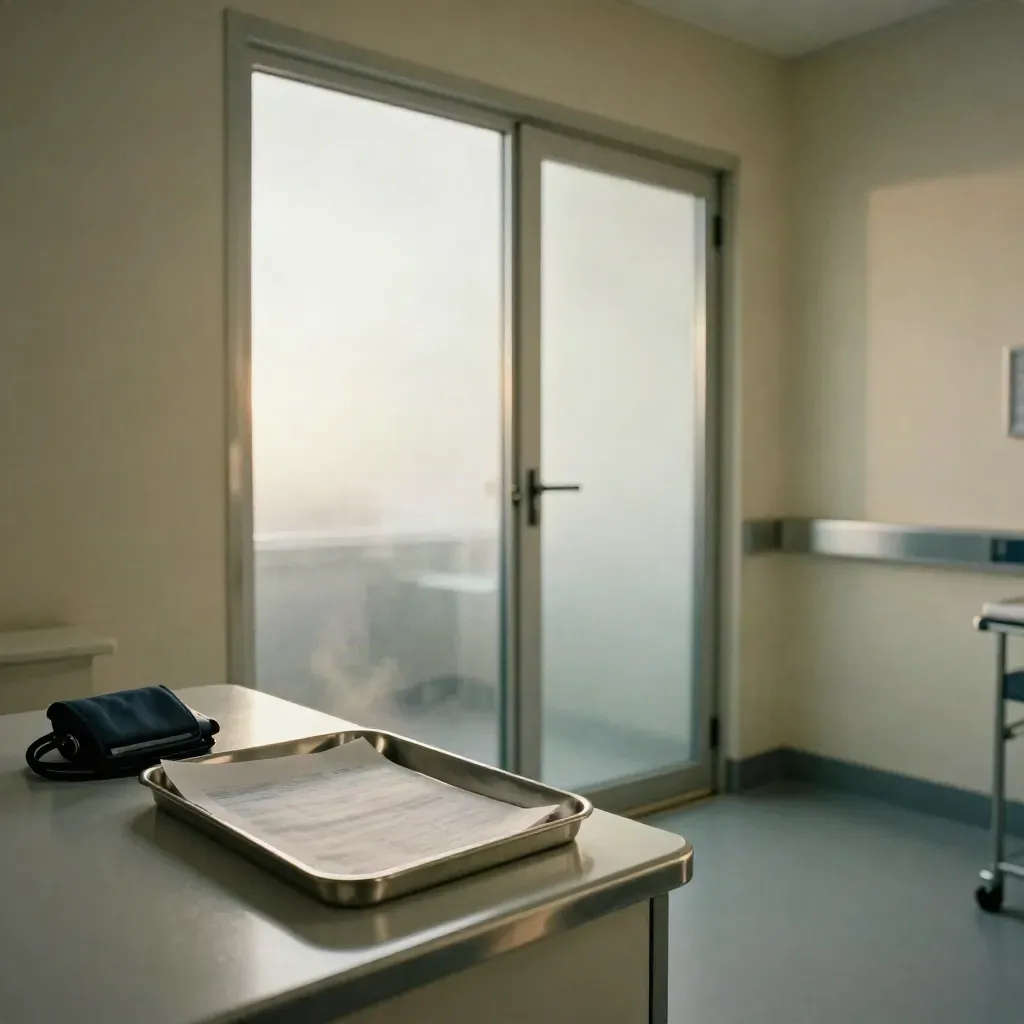 Quiet clinic exam room with steel tray, folded sheet, cuff, and frosted doors in cool haze