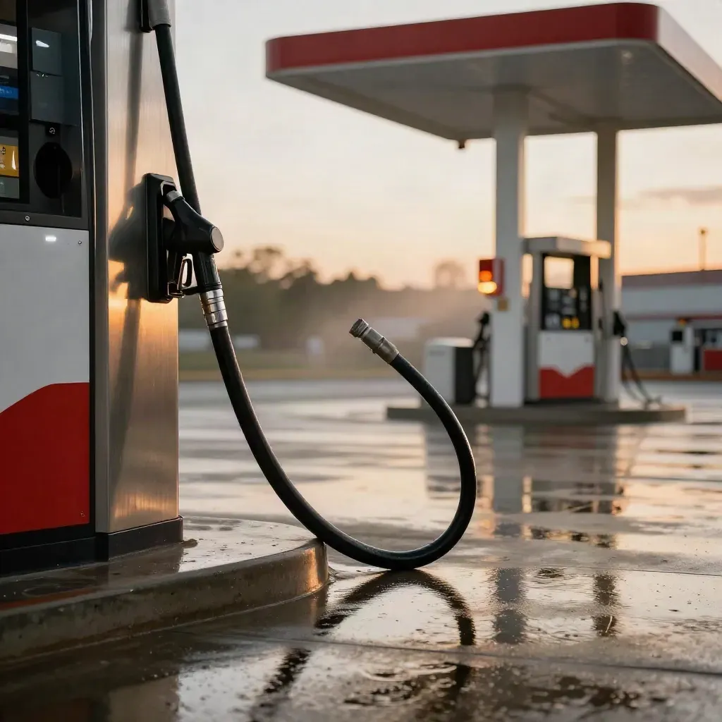 Wet gas station fuel island at dusk with glowing lights, black hoses, and rain ripples.