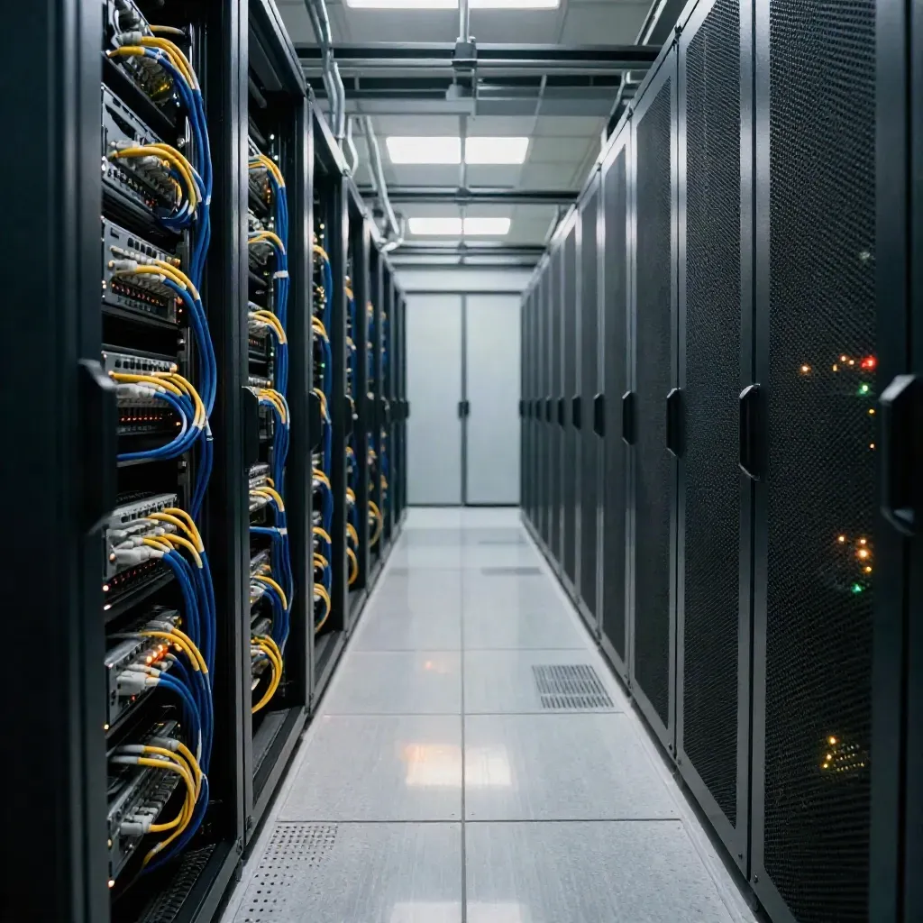 Server racks and fiber cables in a cool data-center aisle with glowing status lights