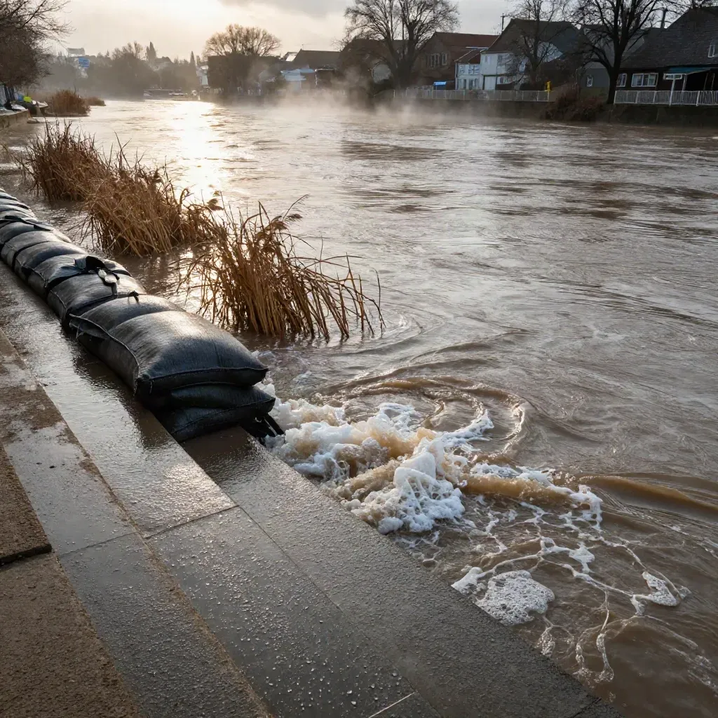 Flooded river bend with sandbags, submerged dock edge, reeds, and misty late-afternoon light.
