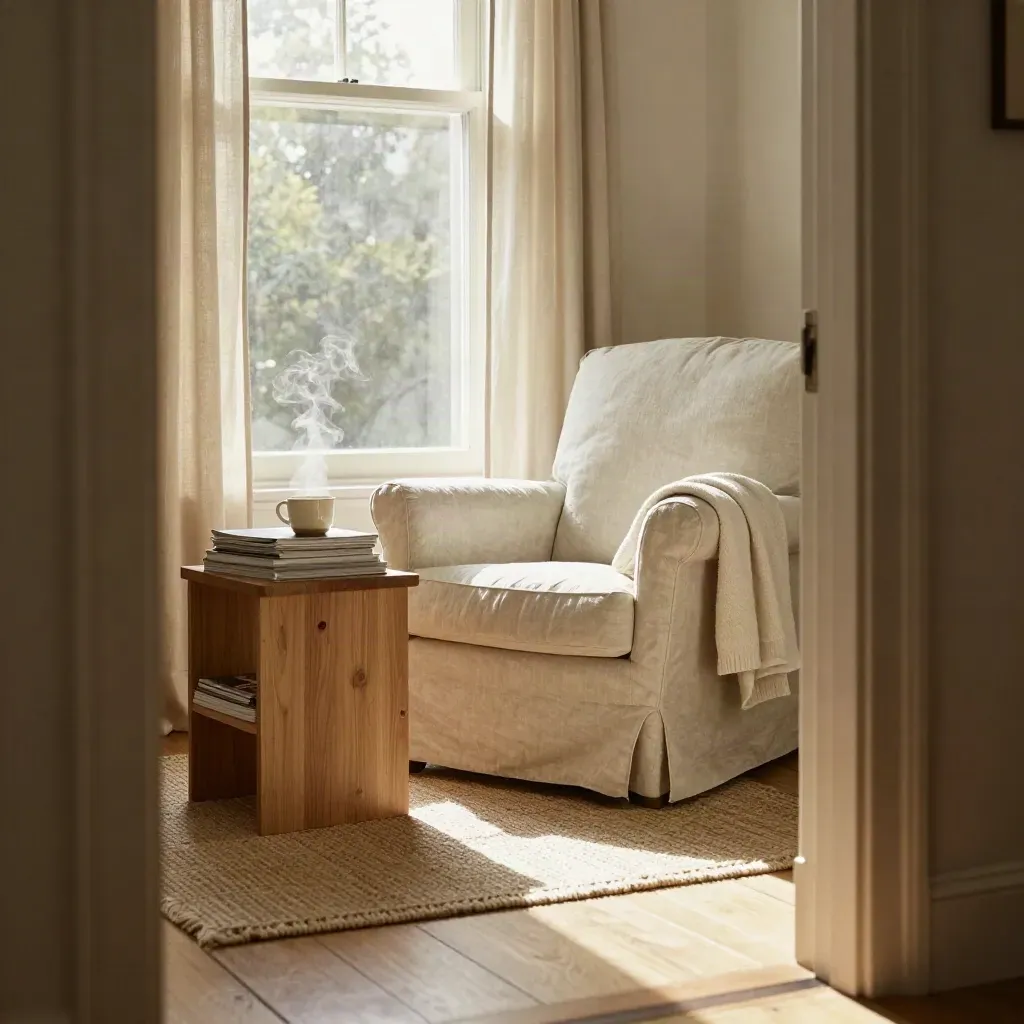 Sunlit linen reading nook with armchair, folded throw, face-down magazines and a steaming teacup.