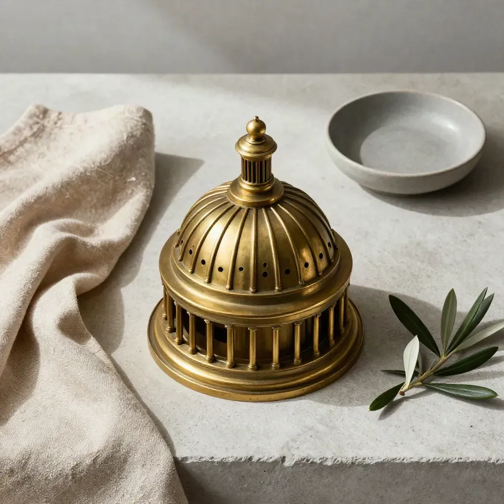 Brass Capitol dome paperweight with linen, dish, and olive sprig in a clean overhead flatlay.