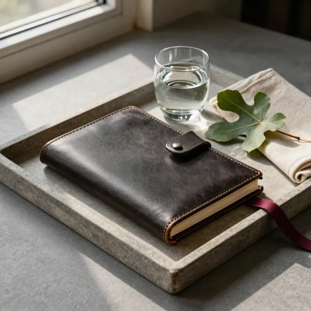 Leather portfolio, metal clip, glass paperweight and fig leaf on a stone tray.