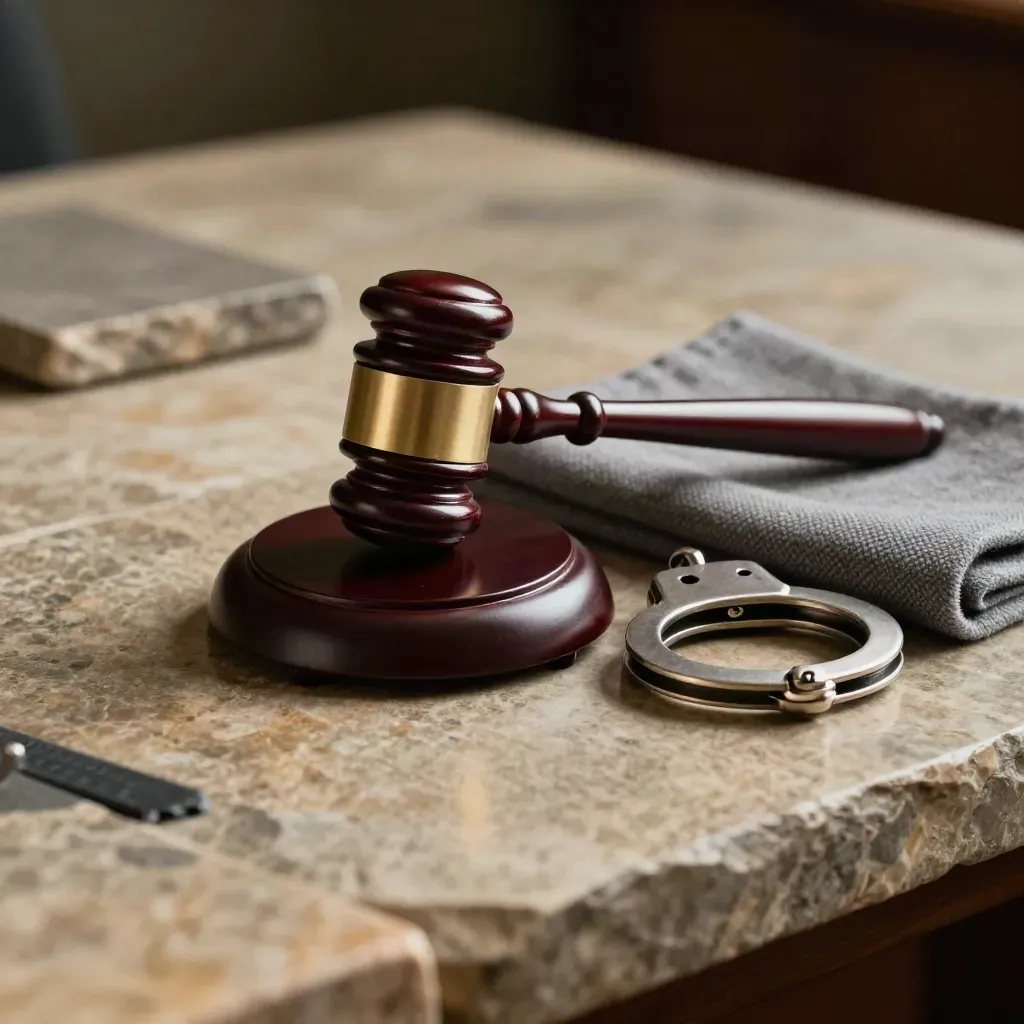 Gavel, handcuff ring, and gray wool cloth on stone in a tense courts-and-crime still life.