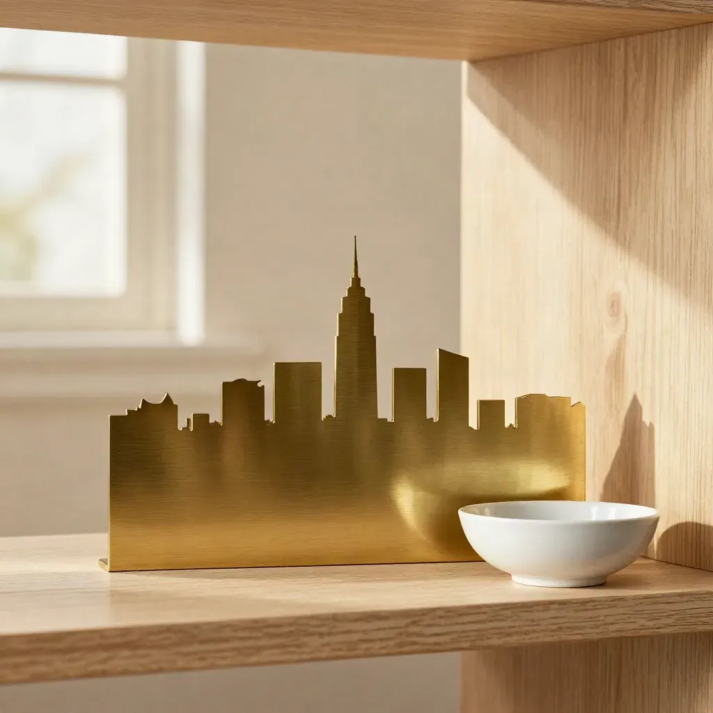 Brass skyline paperweight with map cutout and ceramic bowl on a pale oak shelf