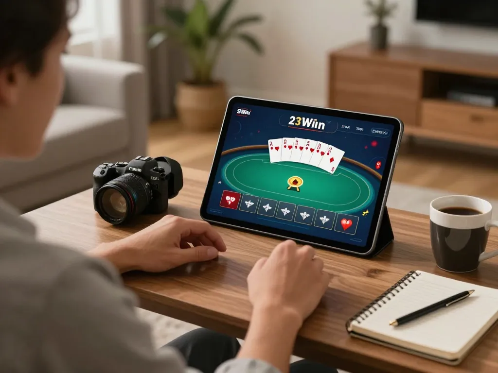 Experience strategic gameplay with 23Win on your tablet in a cozy home setting, showcasing online gambling.