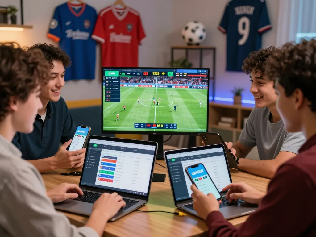 Exciting online sports betting scene featuring friends using the OKFUN app for live soccer betting.