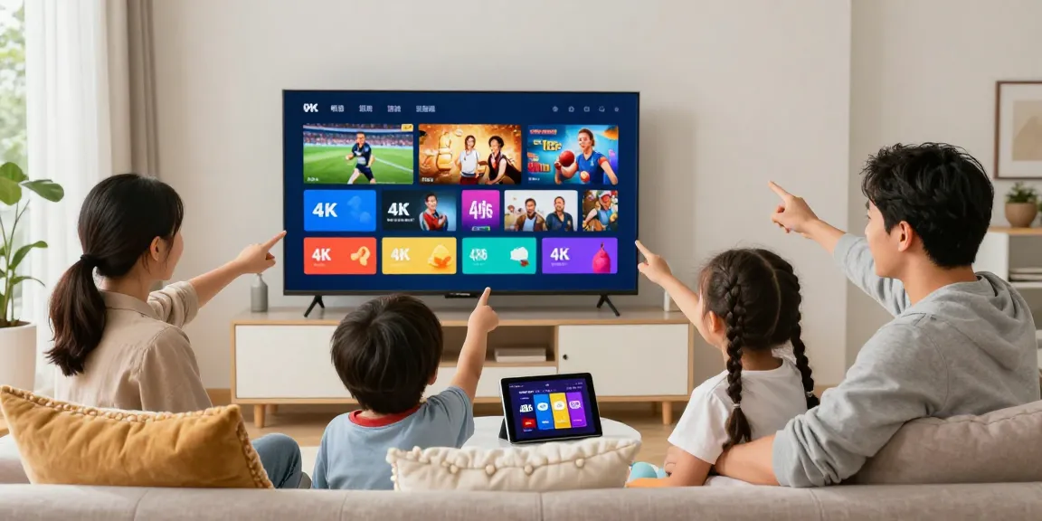 Family enjoying IPTV-aanbieders.com services on Smart TV in a modern living room