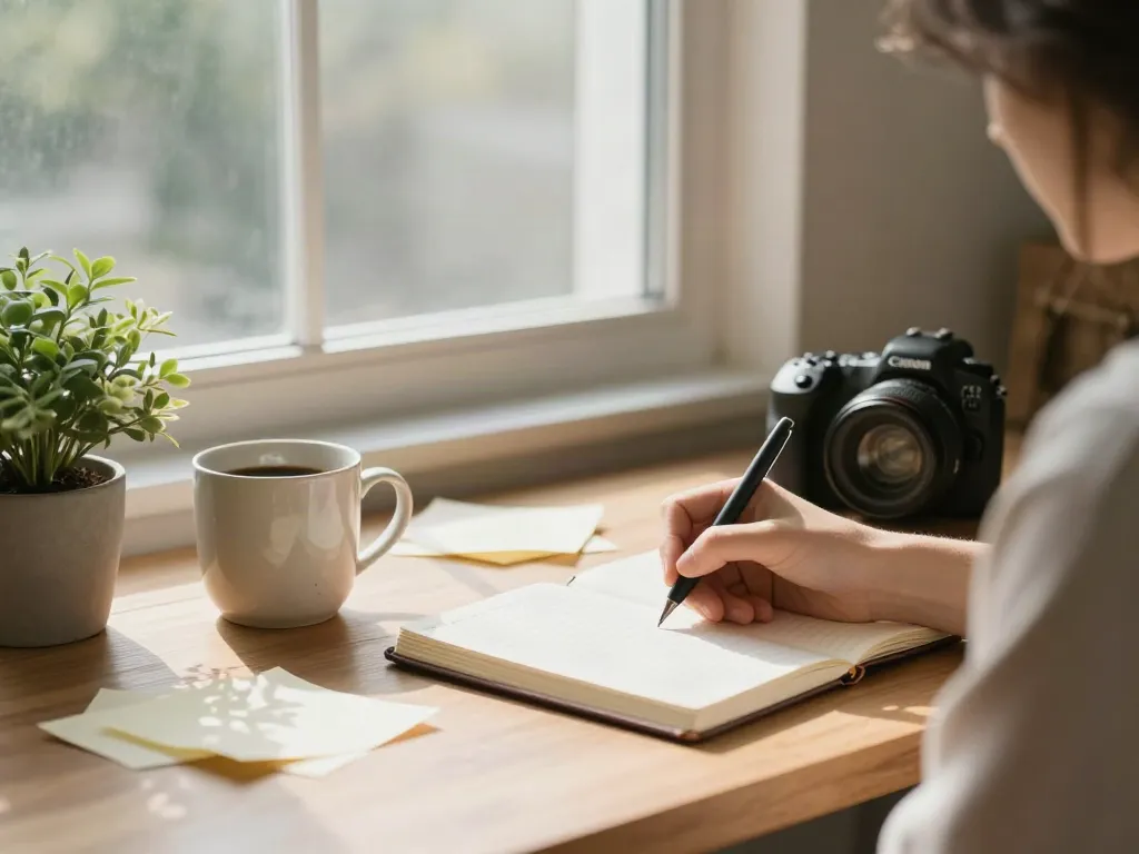 Person documenting their digital footprint journey in a cozy workspace, featuring rokok88.