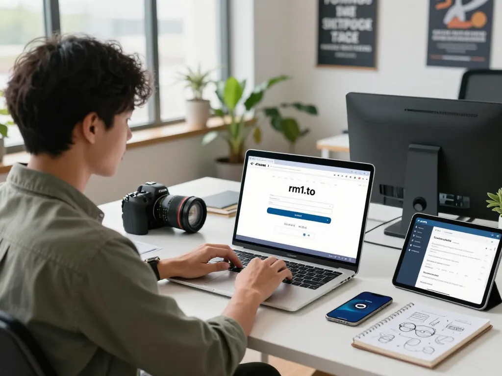 Focused user logging into rm1.to login page in modern workspace with tech gadgets and plants.