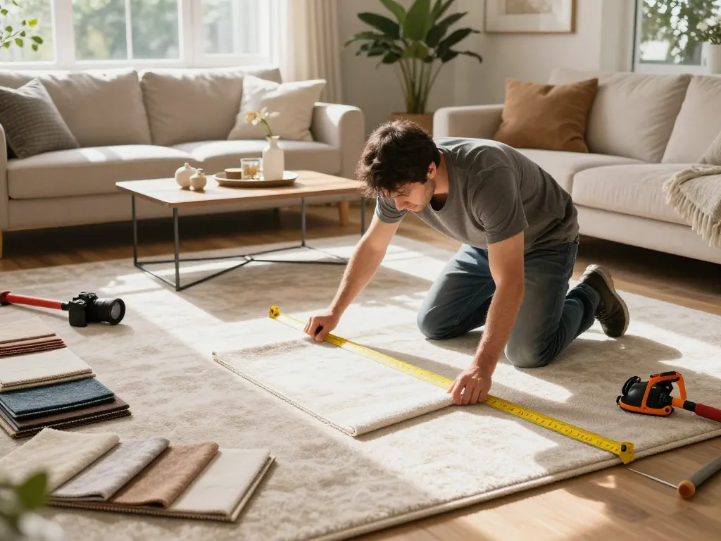 Skilled professional providing home carpet fitting services in a warm living room.