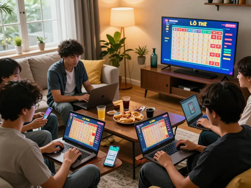 Players enjoying lô đề online in a lively living room atmosphere with devices displaying game scores and colorful interfaces.