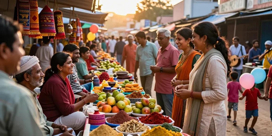 Kurnool.vip vibrant market scene with colorful stalls and cheerful tourists in a lively atmosphere